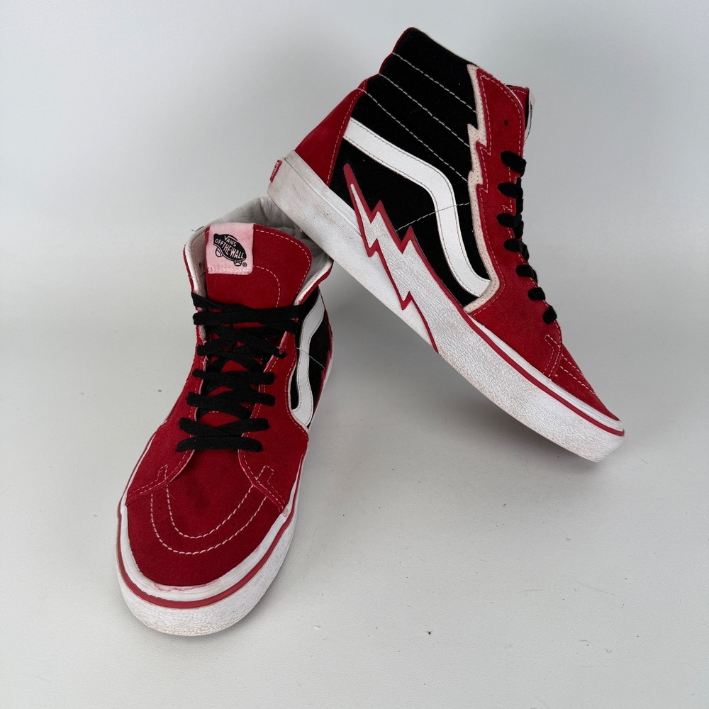 Vans Sk8-Hi (Bolt) Racing-Red/Black/White Checker Suede Skate Shoe SIZE‎ 10.5 W